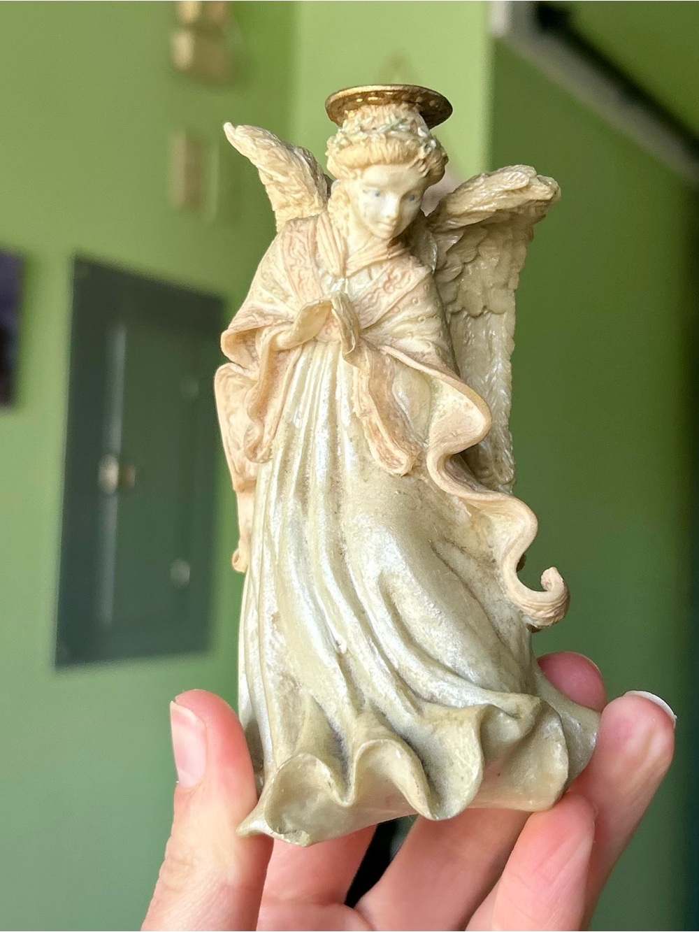 Vintage Angel figurine with wings and halo, cream & white resin statue